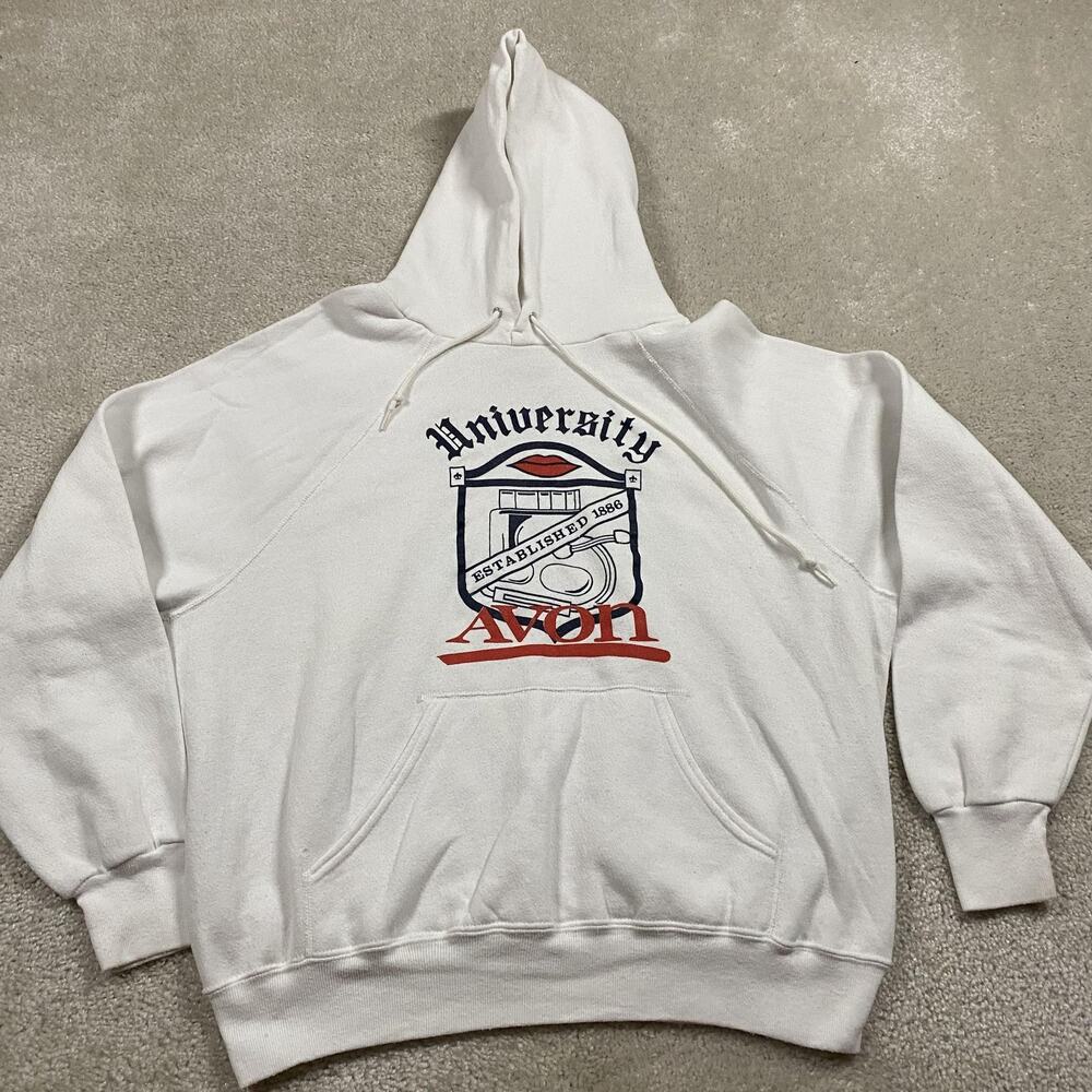 VTG Avon University Hoodie Sweatshirt Mens XL White Boxy Bassett-Walker USA 80s